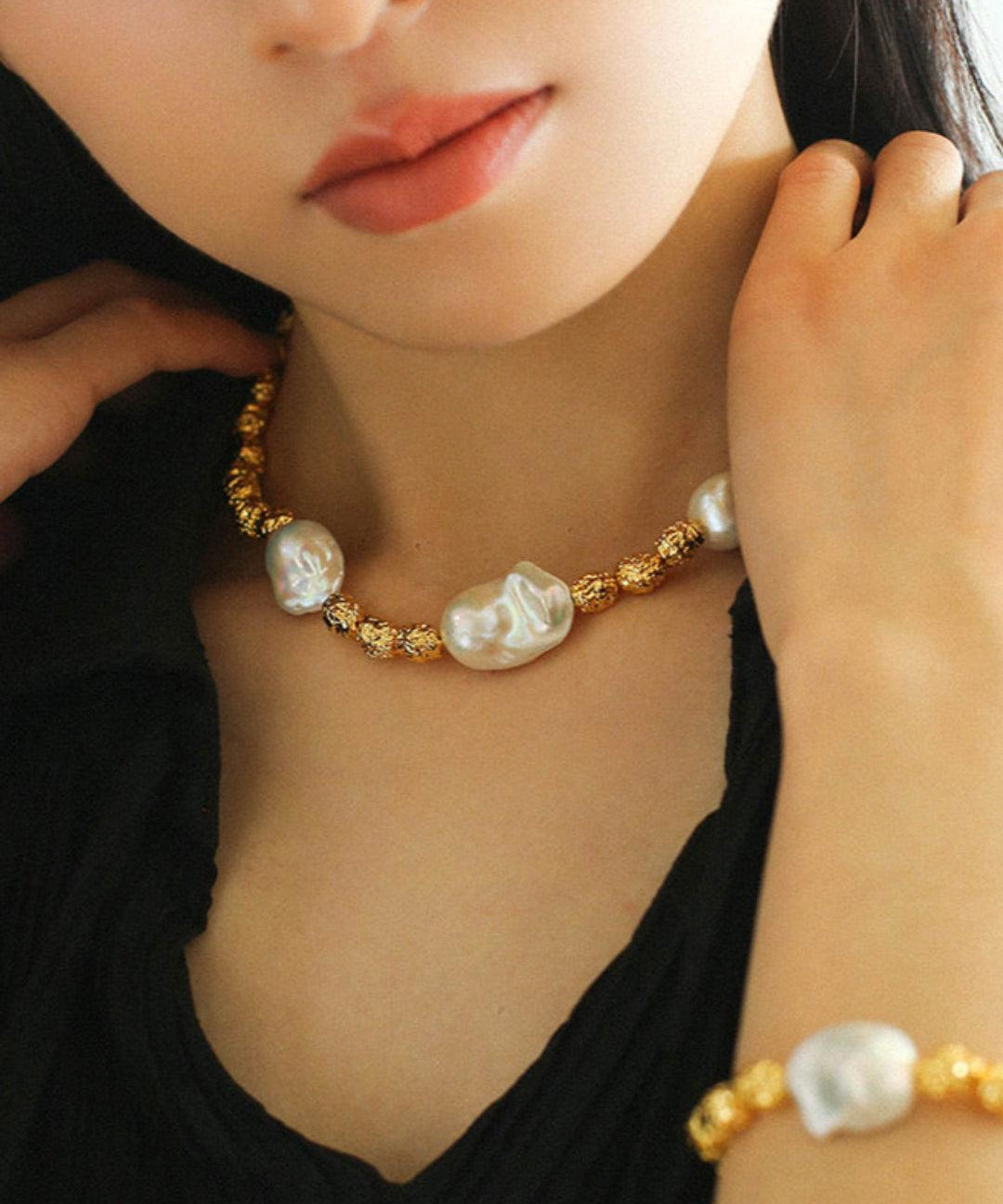 Metal Bean Natural Baroque Pearl Necklace - Gembea Jewelry