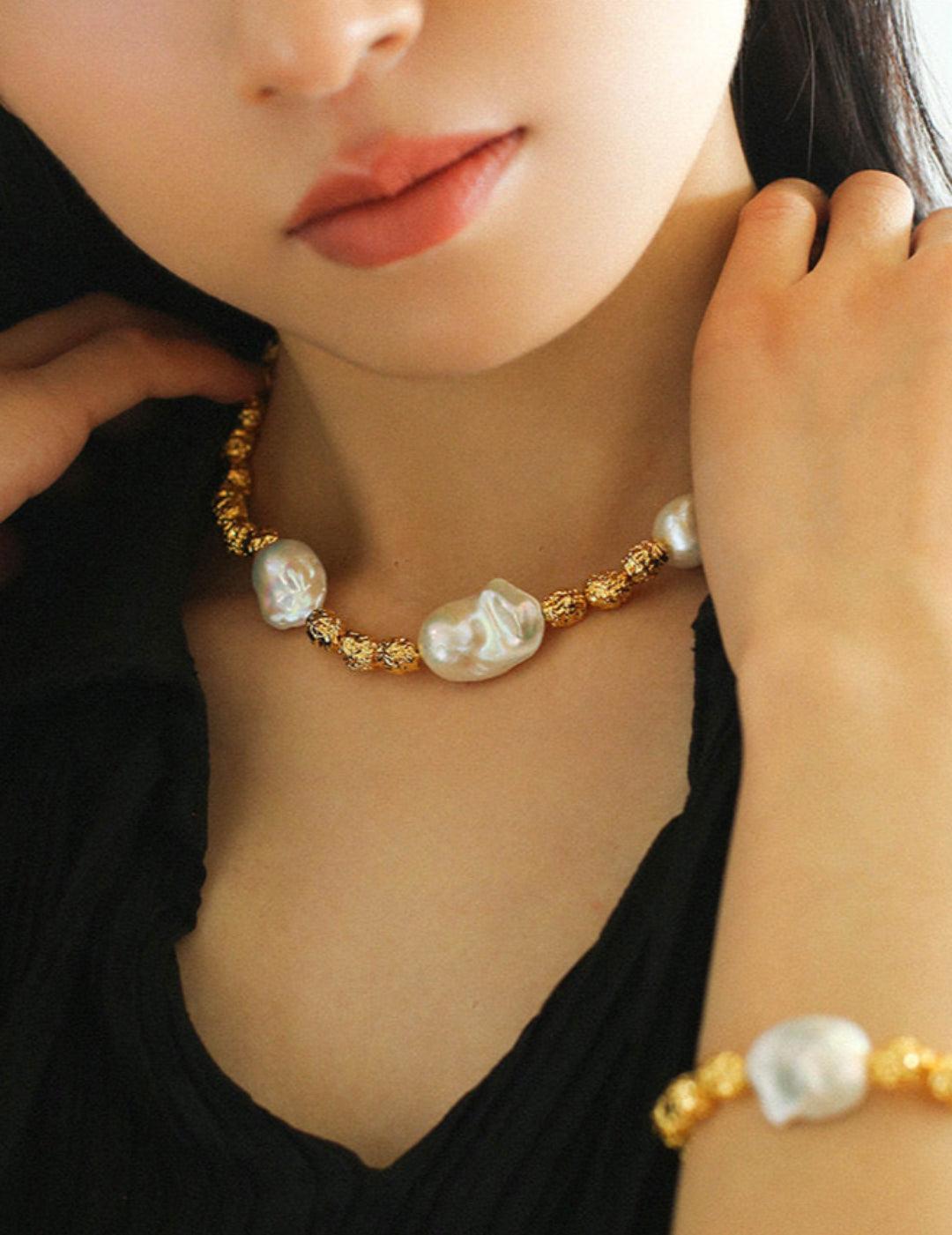 Metal Bean Natural Baroque Pearl Necklace - Gembea Jewelry