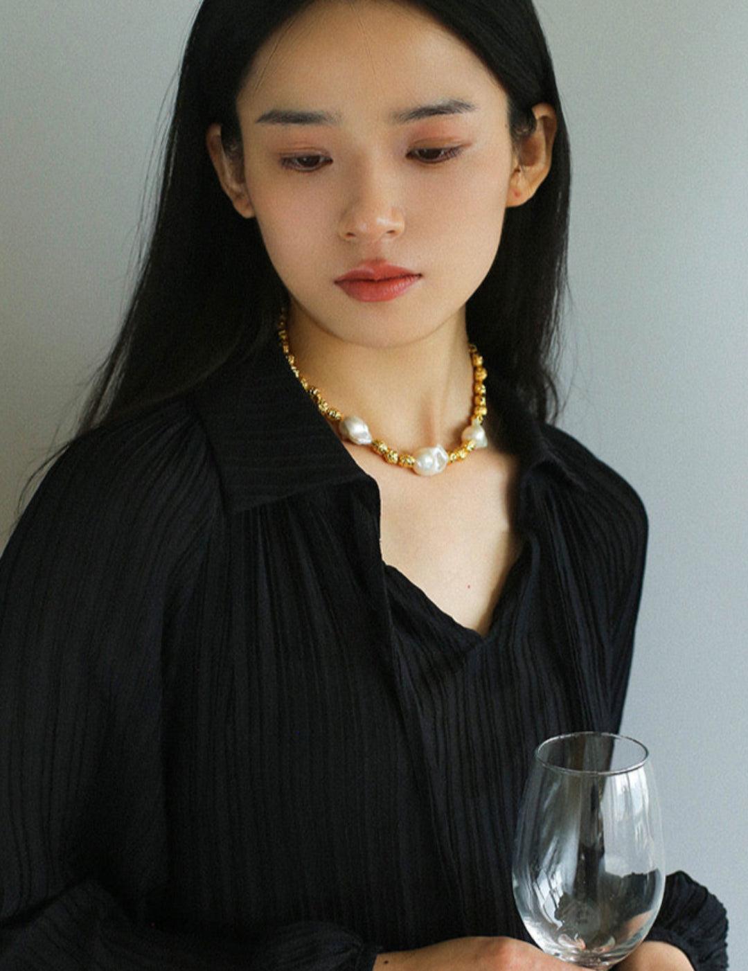 Metal Bean Natural Baroque Pearl Necklace - Gembea Jewelry
