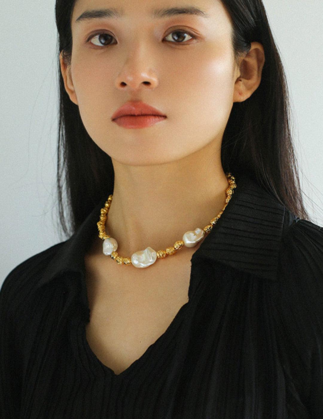 Metal Bean Natural Baroque Pearl Necklace - Gembea Jewelry