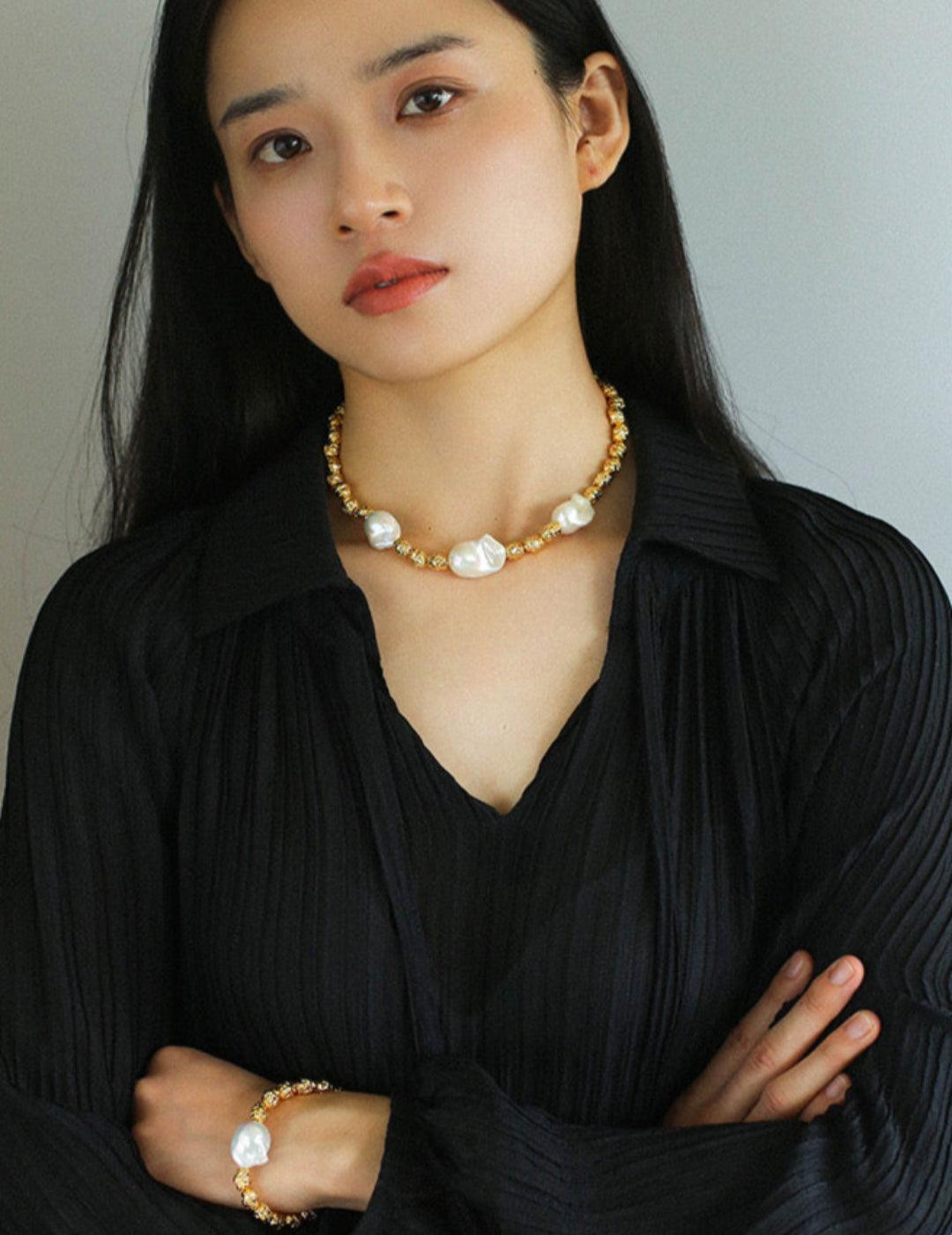 Metal Bean Natural Baroque Pearl Necklace - Gembea Jewelry
