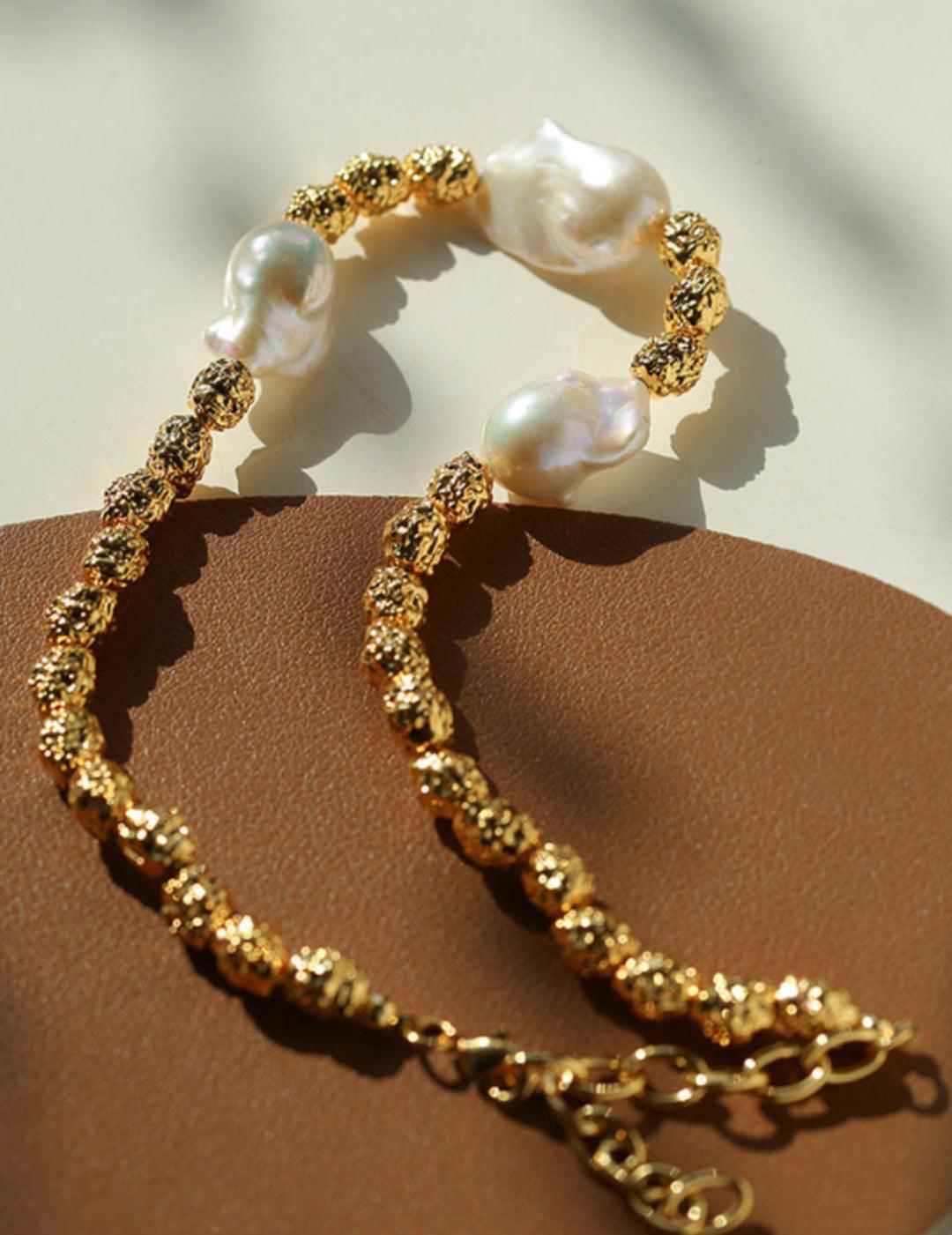Metal Bean Natural Baroque Pearl Necklace - Gembea Jewelry