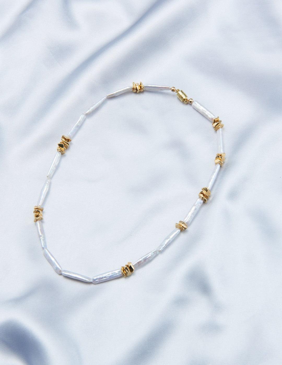 Metal Bean Strip Baroque Pearl Necklace - Gembea Jewelry