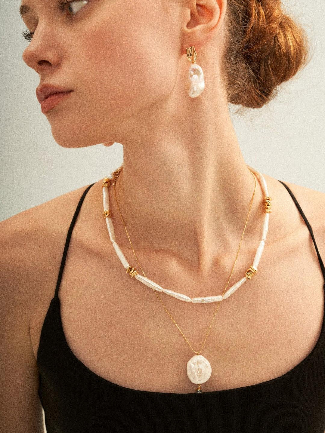 Metal Bean Strip Baroque Pearl Necklace - Gembea Jewelry