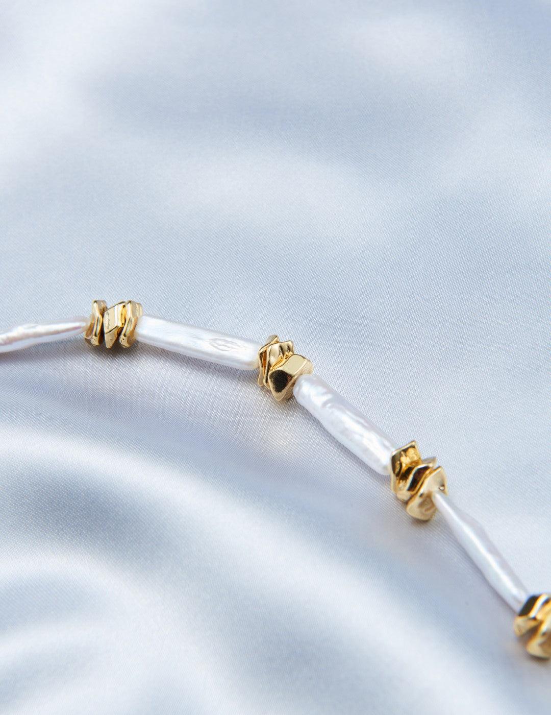 Metal Bean Strip Baroque Pearl Necklace - Gembea Jewelry