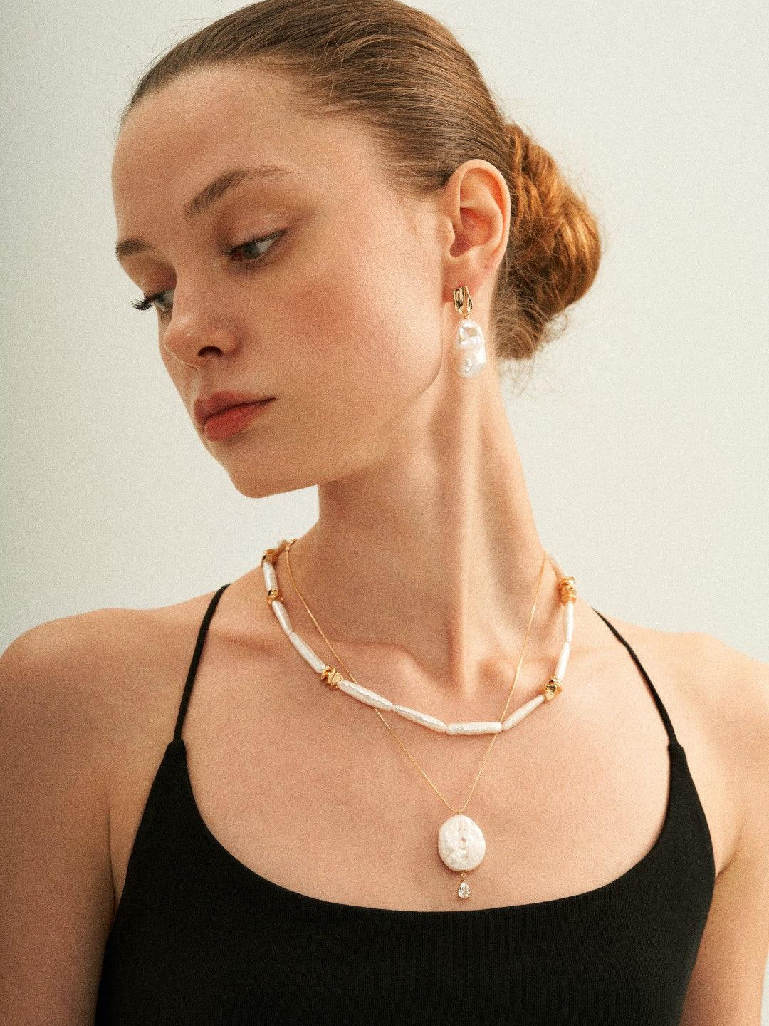 Metal Bean Strip Baroque Pearl Necklace - Gembea Jewelry