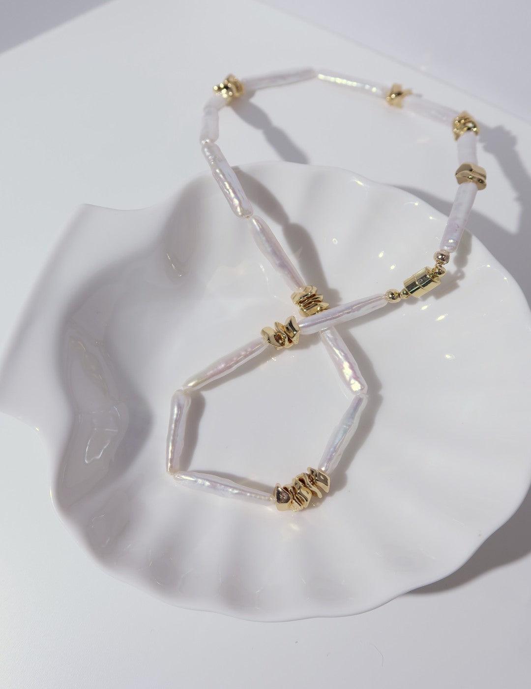 Metal Bean Strip Baroque Pearl Necklace - Gembea Jewelry