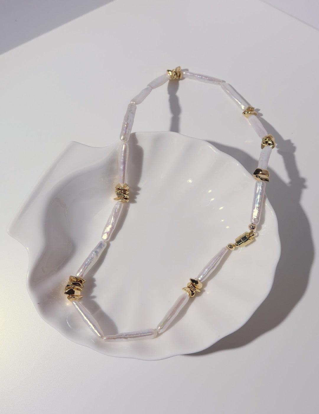 Metal Bean Strip Baroque Pearl Necklace - Gembea Jewelry