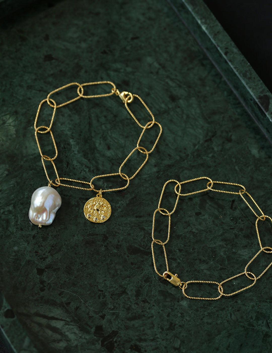 Metal Chain Baroque Pearl Pendant Bracelet - Gembea Jewelry
