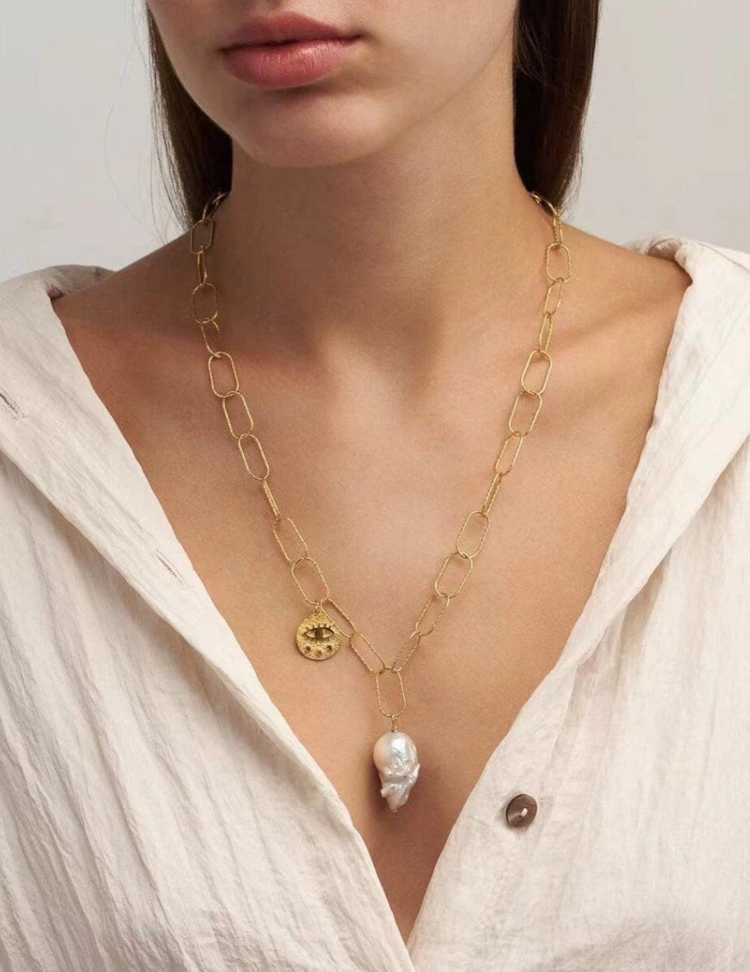 Metal Chain Baroque Pearl Pendant Necklace - Gembea Jewelry