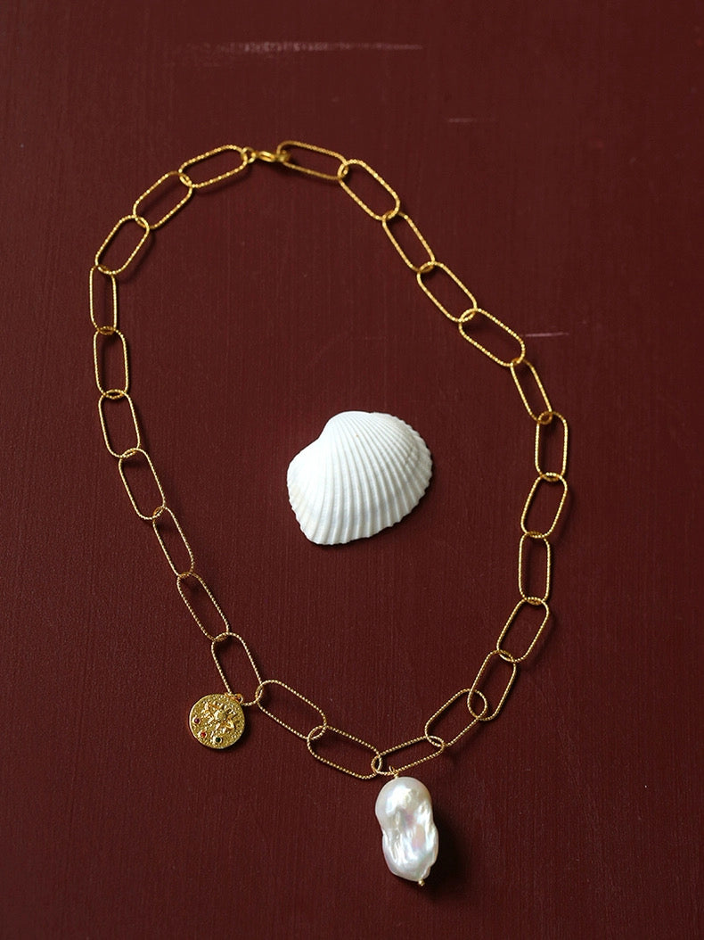 Metal Chain Baroque Pearl Pendant Necklace gembea jewelry