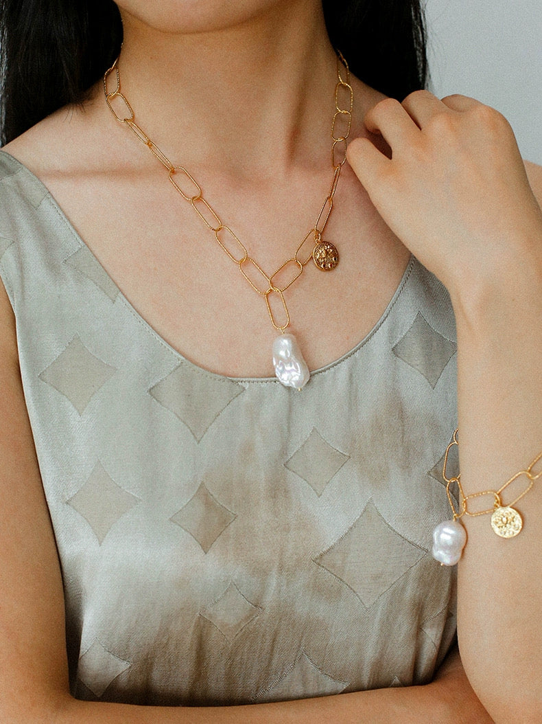 Metal Chain Baroque Pearl Pendant Necklace gembea jewelry