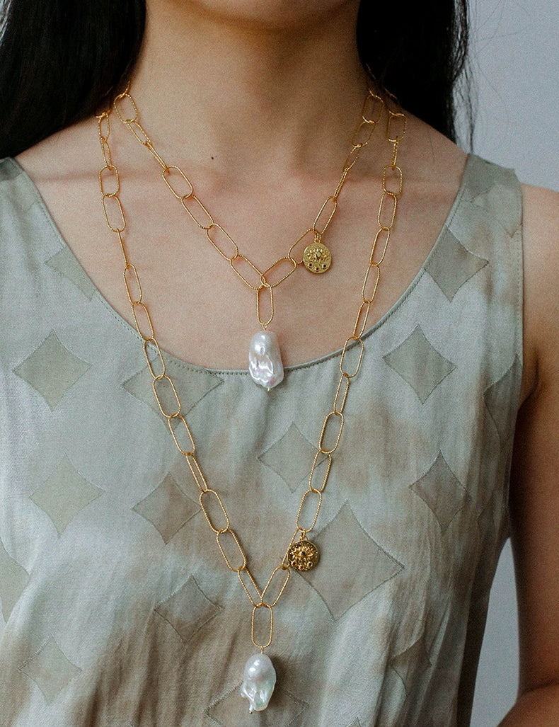 Metal Chain Baroque Pearl Pendant Necklace gembea jewelry
