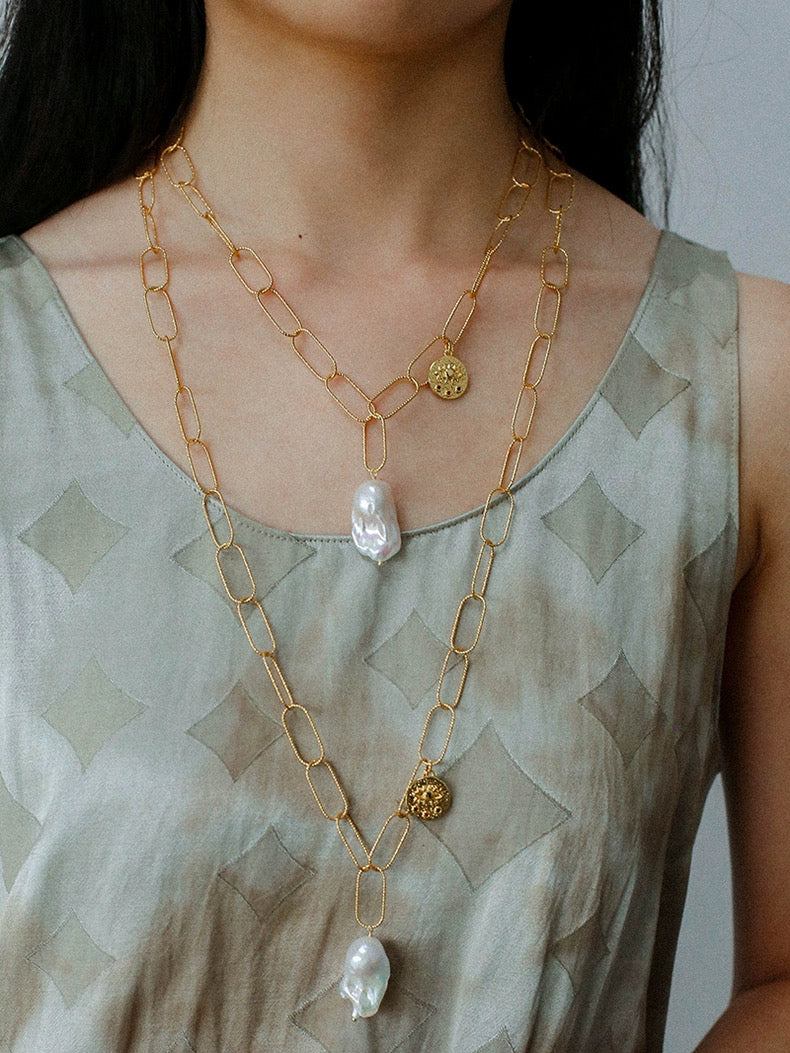 Metal Chain Baroque Pearl Pendant Necklace gembea jewelry