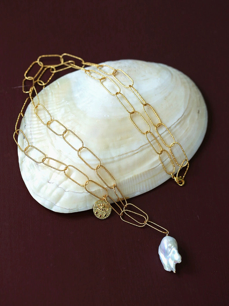 Metal Chain Baroque Pearl Pendant Necklace gembea jewelry