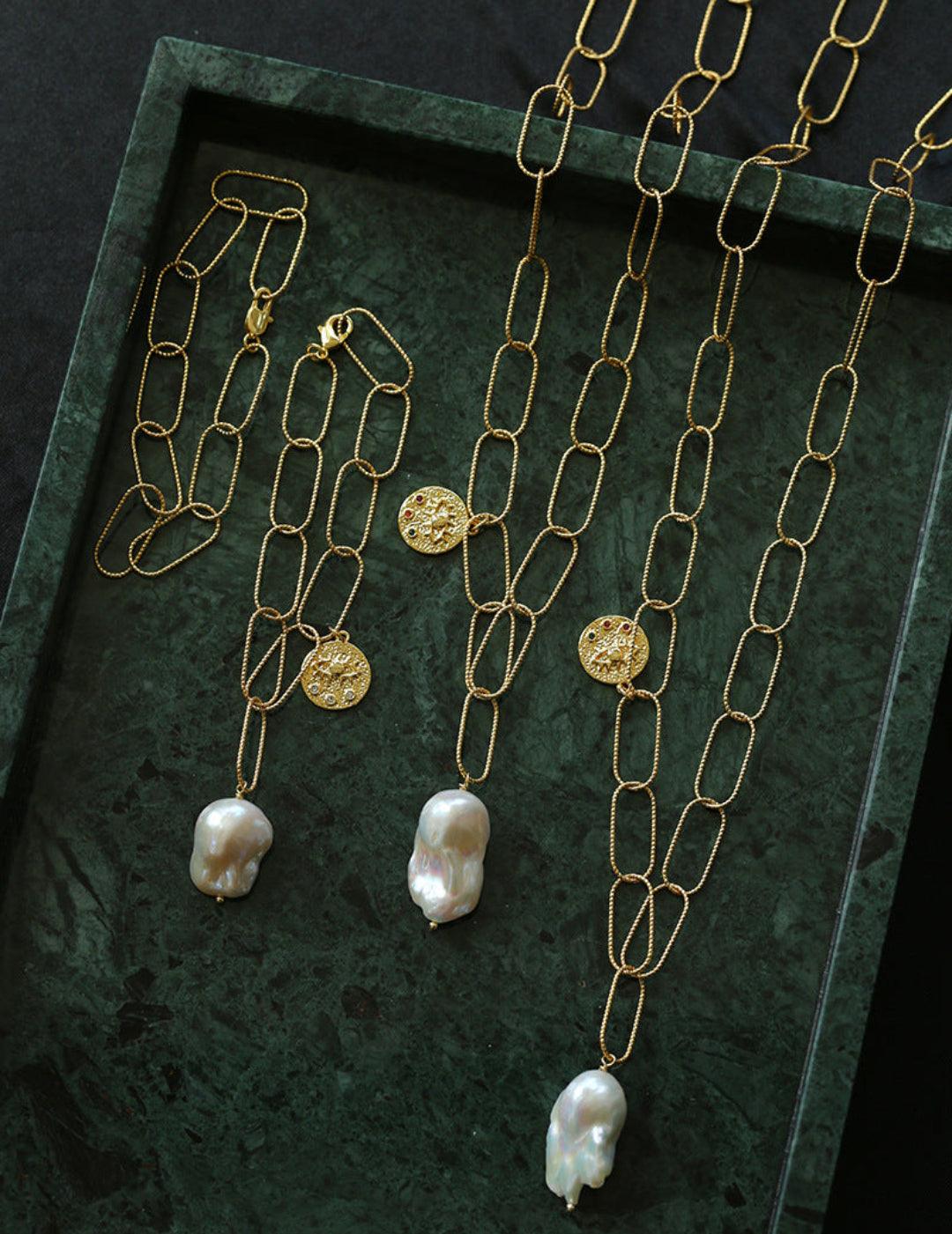 Metal Chain Baroque Pearl Pendant Necklace - Gembea Jewelry