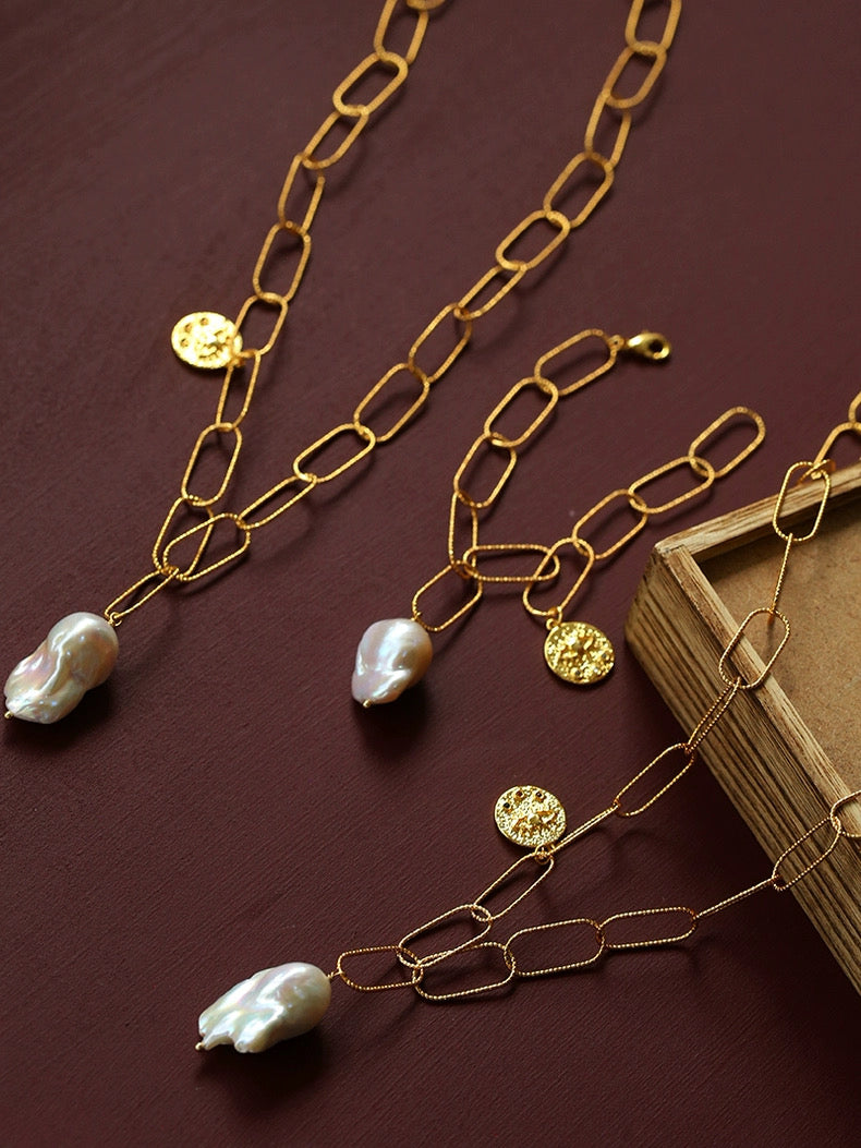 Metal Chain Baroque Pearl Pendant Necklace gembea jewelry