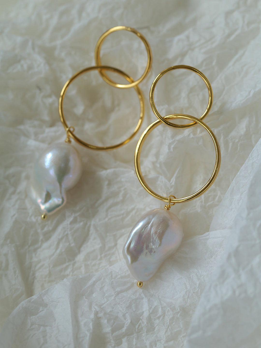 Metal Circle Baroque Pearl Drop Earrings - Gembea Jewelry
