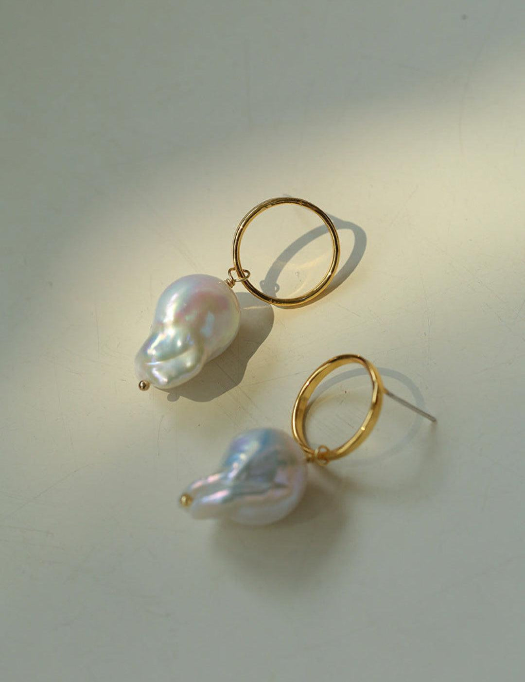Metal Circle Baroque Pearl Drop Earrings - Gembea Jewelry