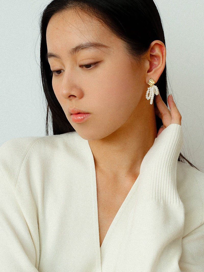 Metal Lava Petite Bow Pearl Earrings gembea jewelry