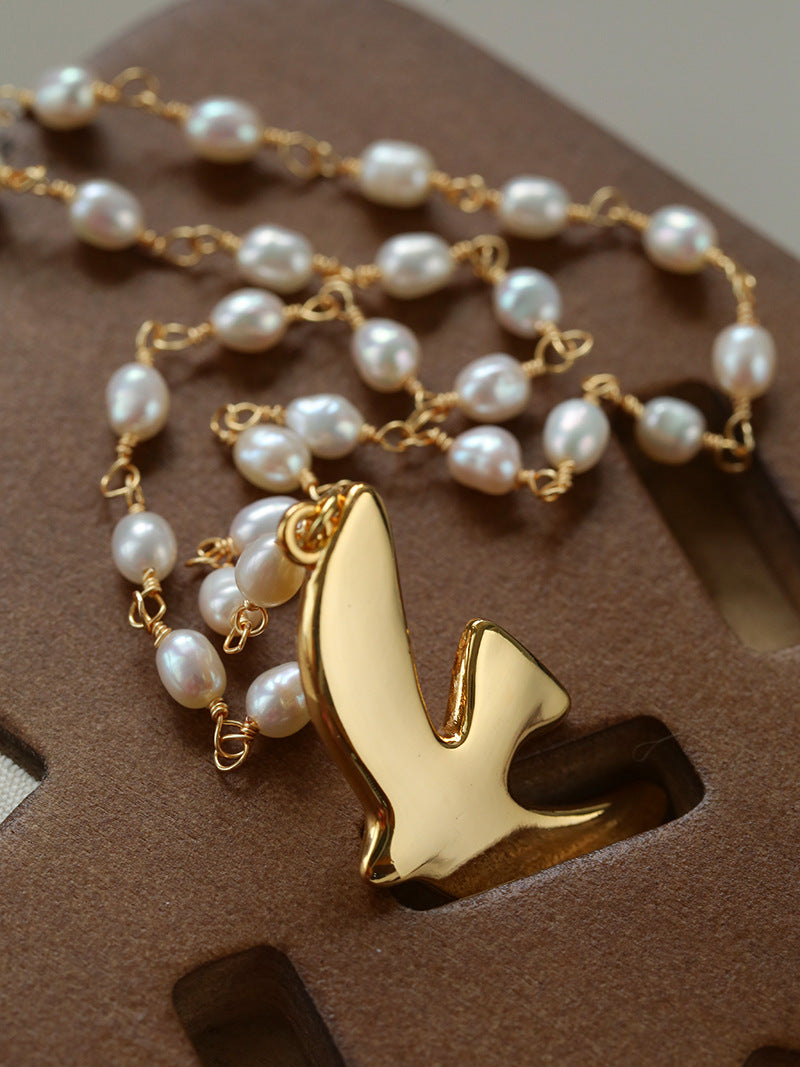 Metallic Peace Dove Pendant Pearl Necklace gembea jewelry