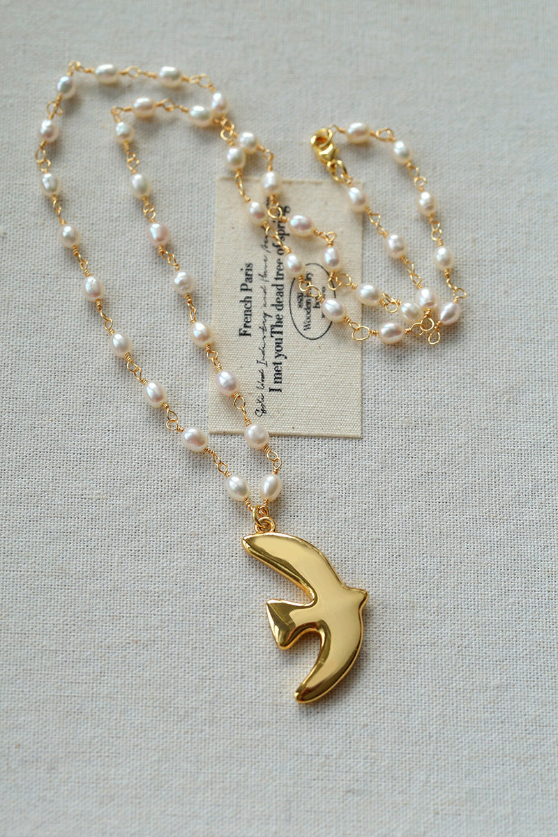 Metallic Peace Dove Pendant Pearl Necklace gembea jewelry