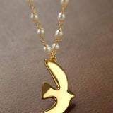 Metallic Peace Dove Pendant Pearl Necklace gembea jewelry