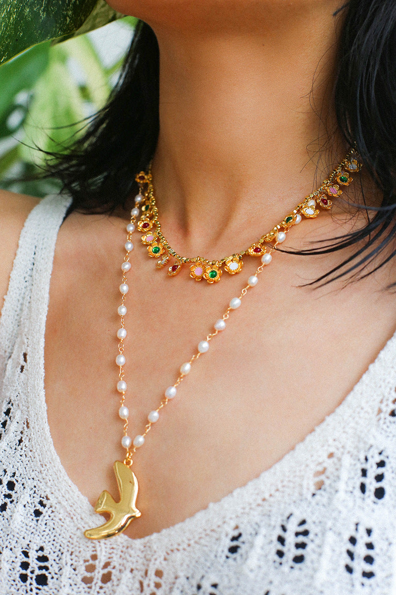 Metallic Peace Dove Pendant Pearl Necklace gembea jewelry