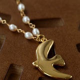 Metallic Peace Dove Pendant Pearl Necklace gembea jewelry