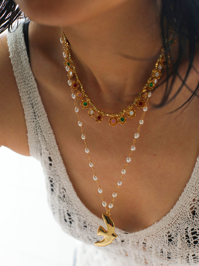 Metallic Peace Dove Pendant Pearl Necklace gembea jewelry