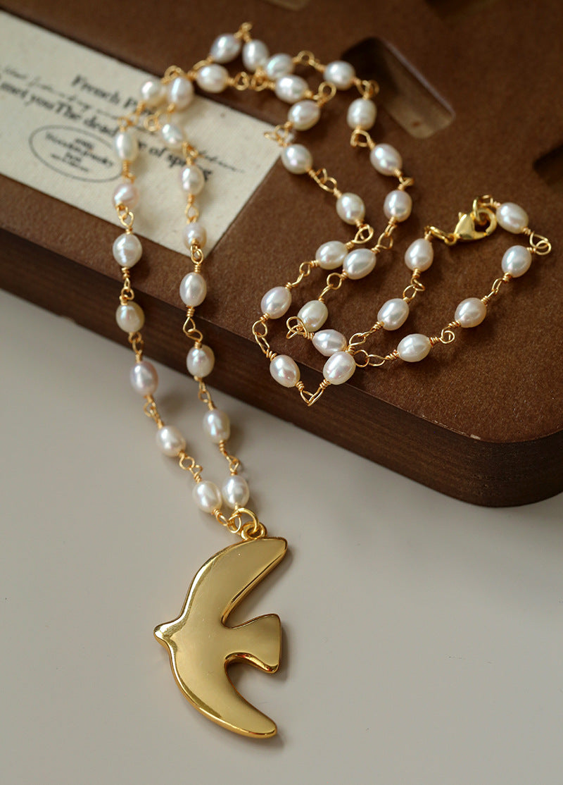 Metallic Peace Dove Pendant Pearl Necklace gembea jewelry