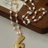 Metallic Peace Dove Pendant Pearl Necklace gembea jewelry
