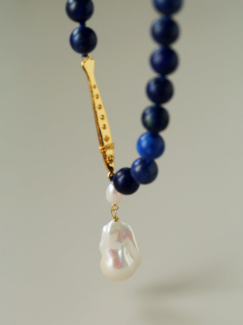 Metallic Fish Lapis Lazuli Bead Baroque Pearl Necklace gembea jewelry
