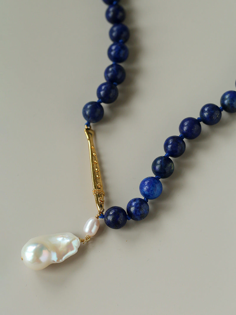 Metallic Fish Lapis Lazuli Bead Baroque Pearl Necklace gembea jewelry