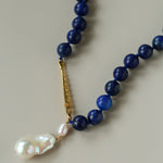 Metallic Fish Lapis Lazuli Bead Baroque Pearl Necklace gembea jewelry