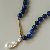 Metallic Fish Lapis Lazuli Bead Baroque Pearl Necklace gembea jewelry