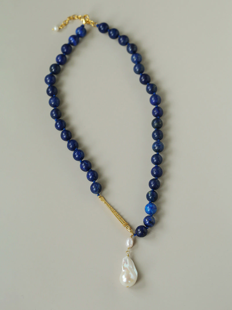 Metallic Fish Lapis Lazuli Bead Baroque Pearl Necklace gembea jewelry