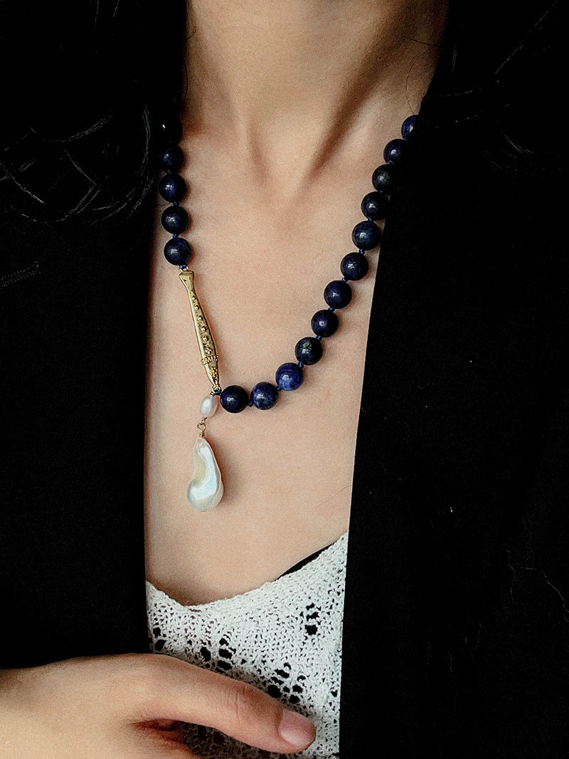 Metallic Fish Lapis Lazuli Bead Baroque Pearl Necklace gembea jewelry