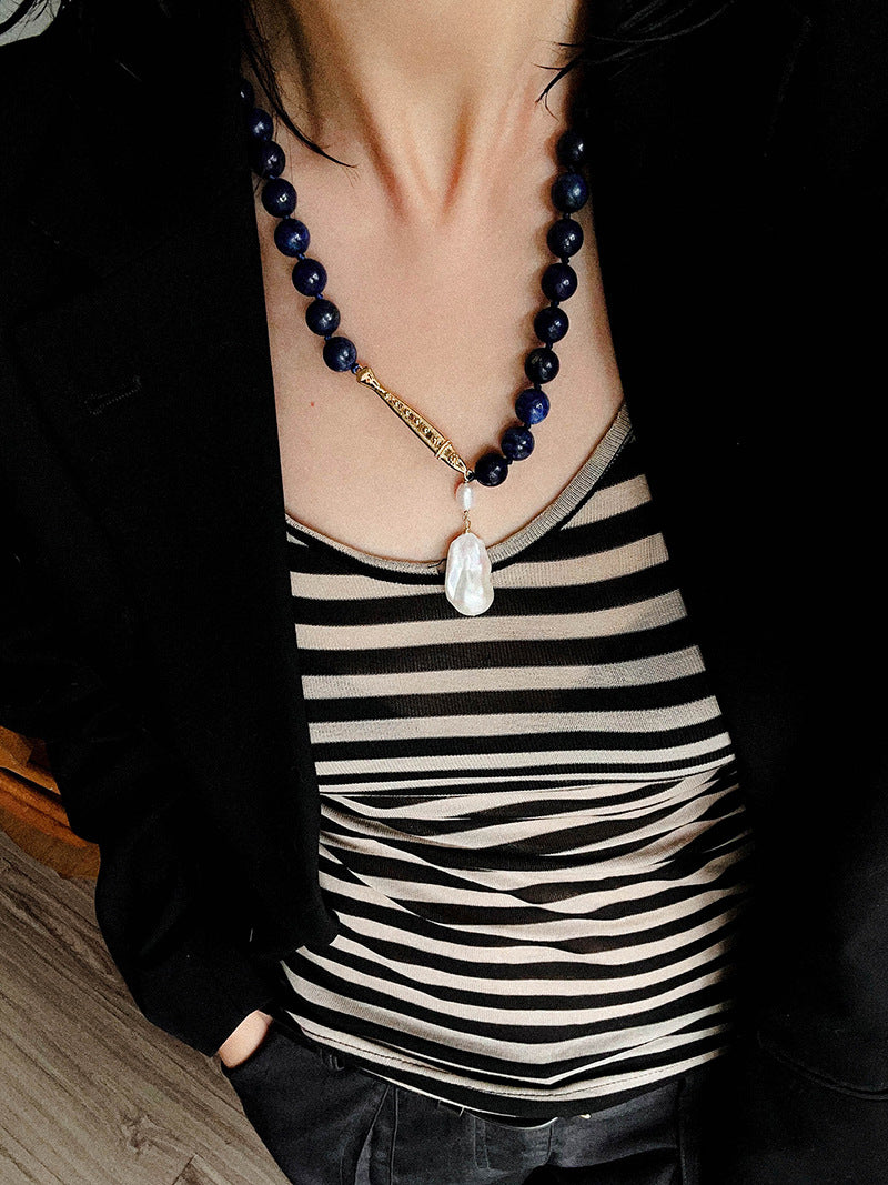 Metallic Fish Lapis Lazuli Bead Baroque Pearl Necklace gembea jewelry