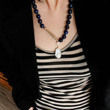 Metallic Fish Lapis Lazuli Bead Baroque Pearl Necklace gembea jewelry