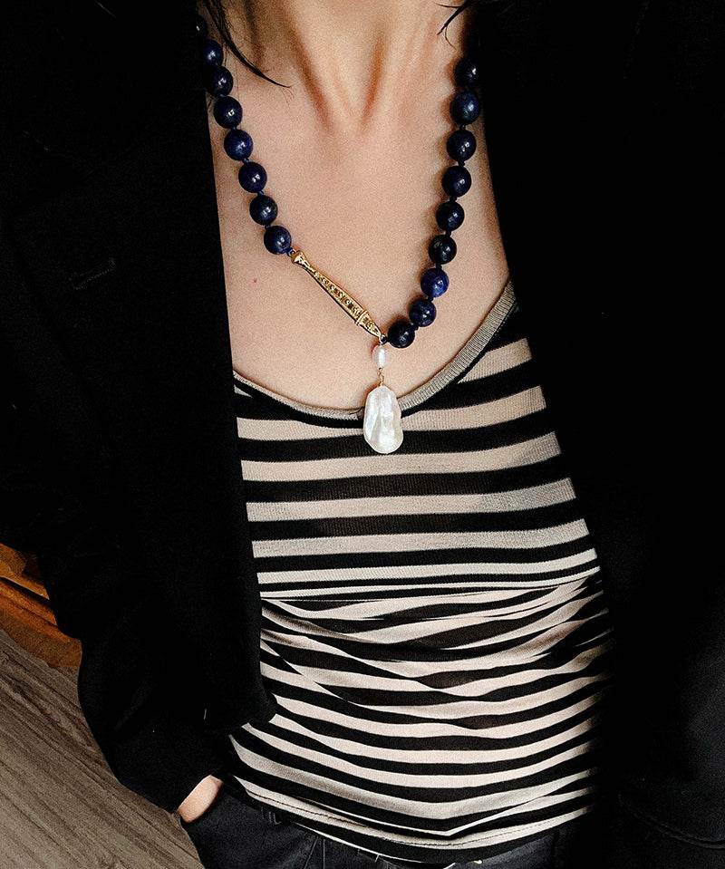 Metallic Fish Lapis Lazuli Bead Baroque Pearl Necklace gembea jewelry