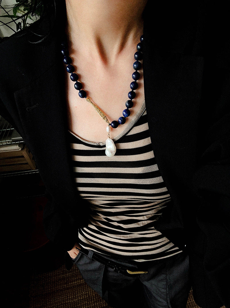 Metallic Fish Lapis Lazuli Bead Baroque Pearl Necklace gembea jewelry