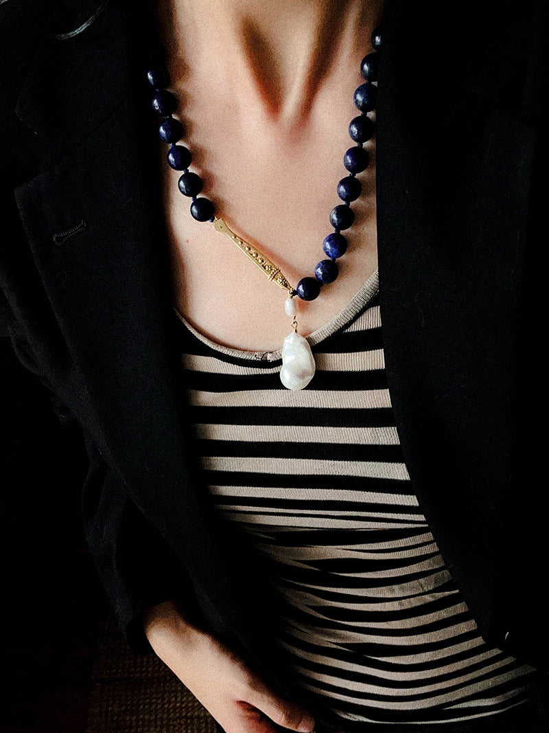 Metallic Fish Lapis Lazuli Bead Baroque Pearl Necklace gembea jewelry