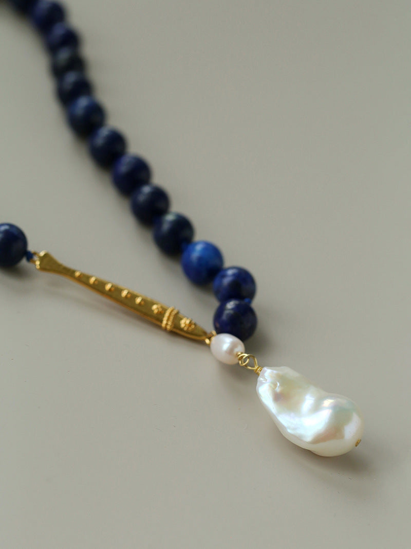 Metallic Fish Lapis Lazuli Bead Baroque Pearl Necklace gembea jewelry