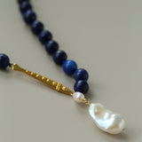 Metallic Fish Lapis Lazuli Bead Baroque Pearl Necklace gembea jewelry