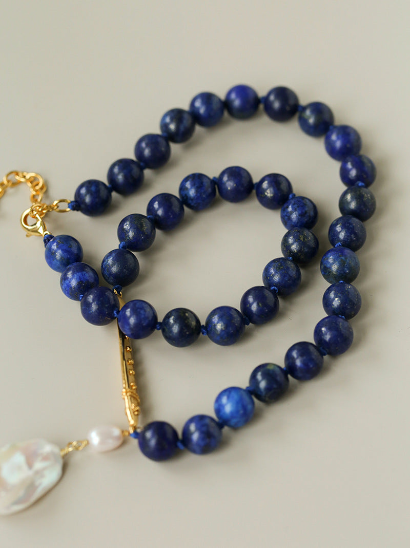 Metallic Fish Lapis Lazuli Bead Baroque Pearl Necklace gembea jewelry