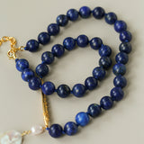 Metallic Fish Lapis Lazuli Bead Baroque Pearl Necklace gembea jewelry