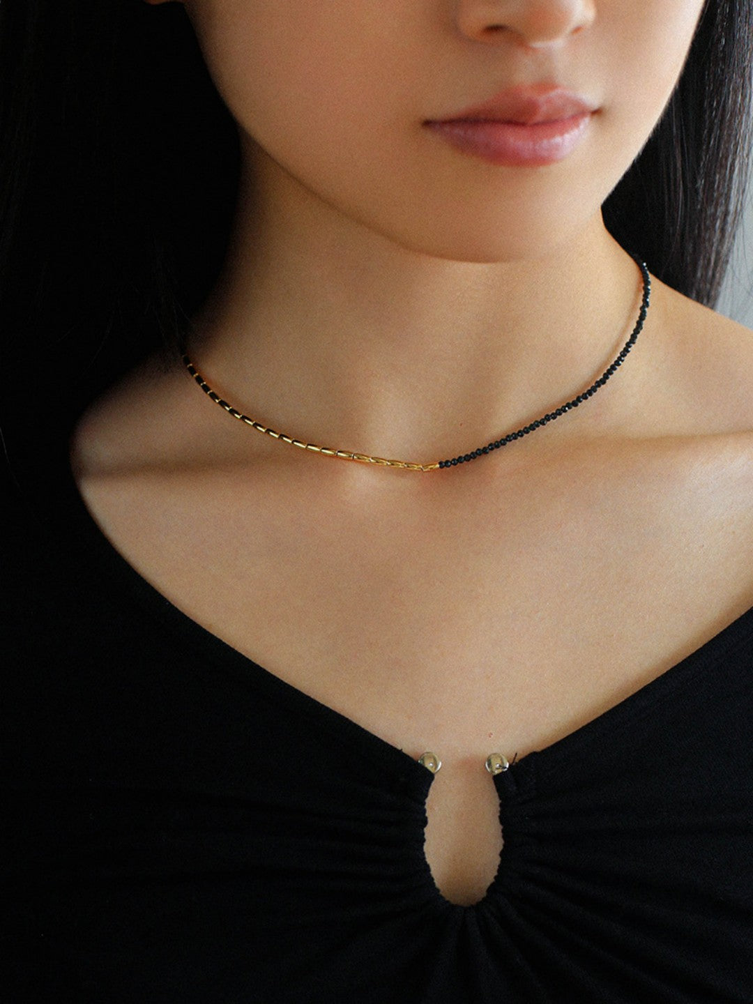 Mini Golden Rice Black Spinel Beaded Choker Necklace GEMBEA JEWELRY