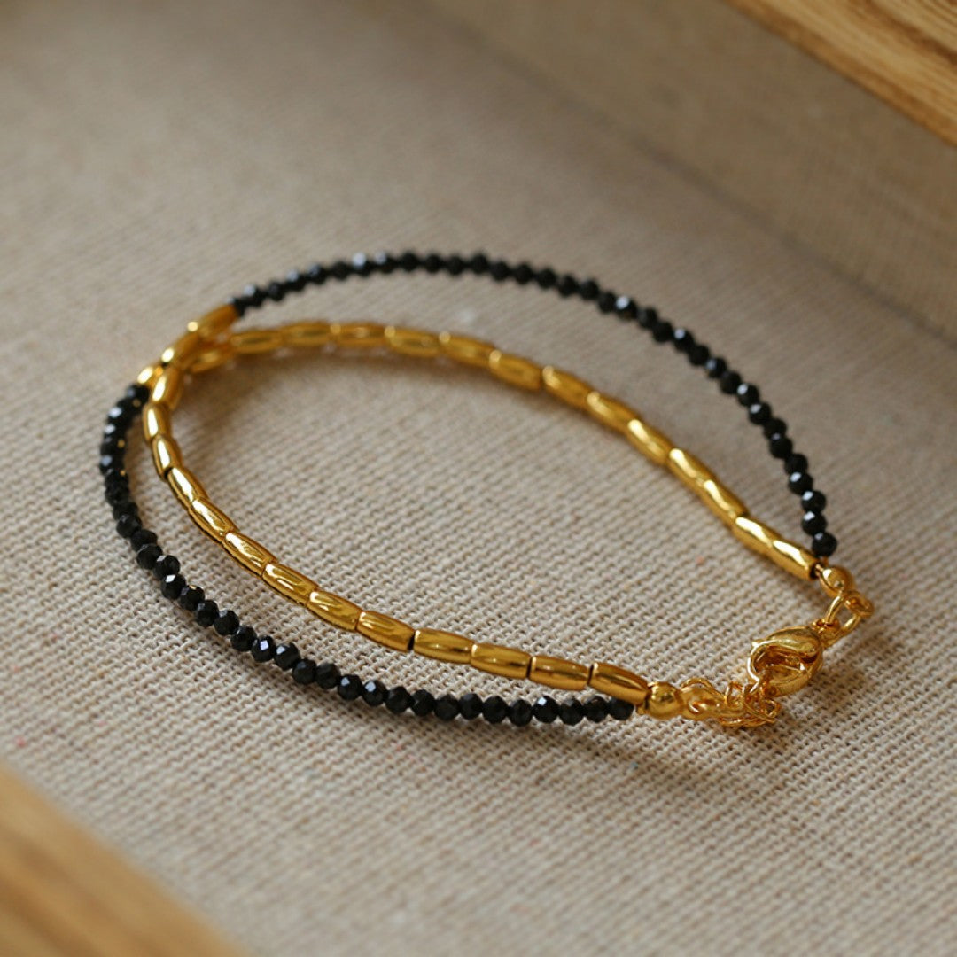 Mini Golden Rice Black Spinel Double Beaded Bracelet gembea jewelry