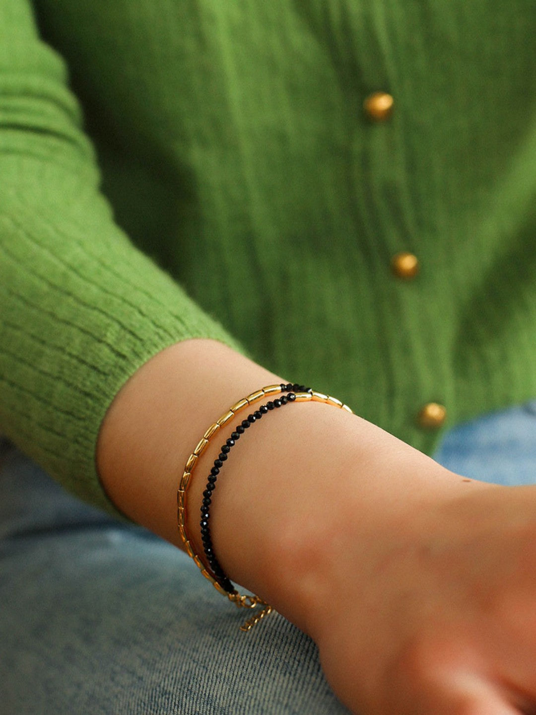Mini Golden Rice Black Spinel Double Beaded Bracelet gembea jewelry